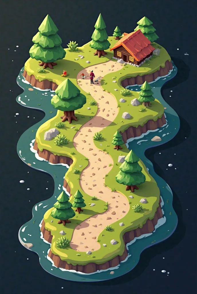 A 3D, cartoon-style journey map with a clear path showing a simple, easy-to-identify journey. The path should be represented as a trail, with small hills, obstacles, and landmarks along the way. The map should have a dark black background, and should not i...