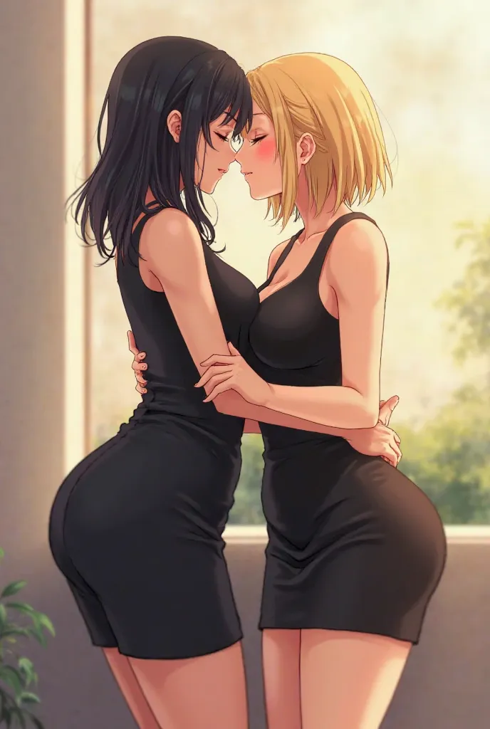 ( 2 mature anime women, women,  25 years, Big breasts, big ass, wide hips, thick thighs, one with black hair and the other with blonde hair, (black dresses), 2 girls, light, short hair,  Simple background ,  kissing,( depth of field, [blurred, [blurred bac...