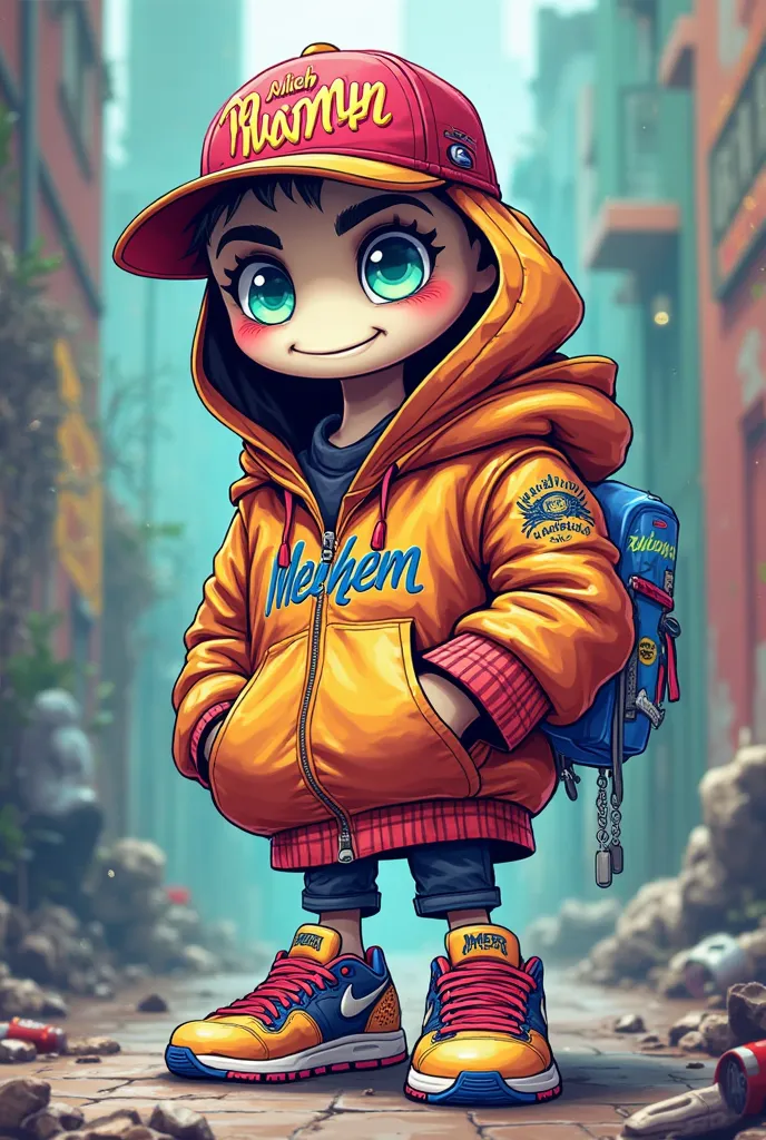 Generate and create a cartoon with a SPRAYCAN WITH A CAP  head and wearing swag clothes with MEIHEM LOGO FROM THE CAP AND A HOODIE AND SHOES MUST HAVE SAME LOGO