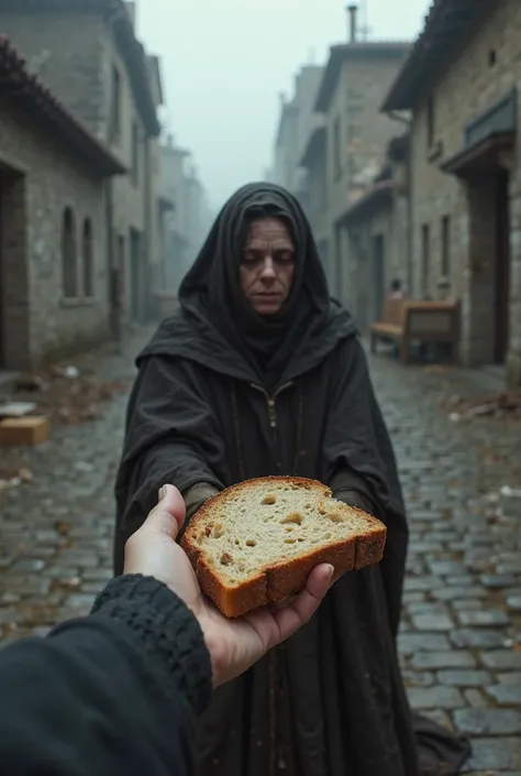 POV I'm in the season of the Black Death, I see a sick and dirty person on the street, There's a piece of bread in my hand that I'm giving her. hyper realistic first-person image