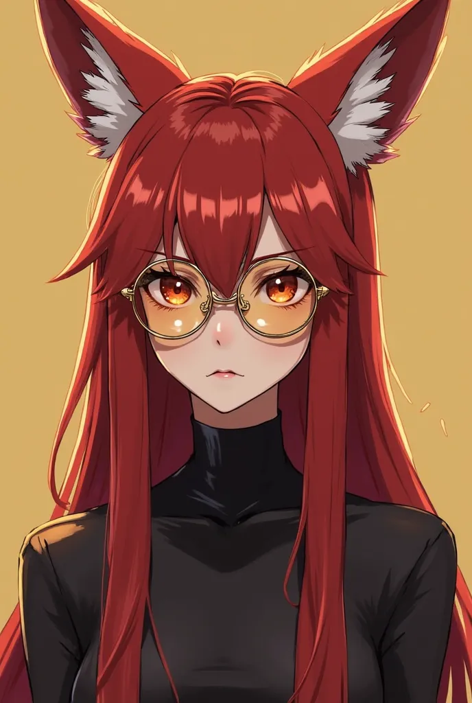 Create a character for an avatar with straight red hair, long, actually medium, with shiny but discreet fox ears, with bright but discreet gold glasses, looking like a boy from the game Free Fire wearing a high black collar, but I only want her from the tr...