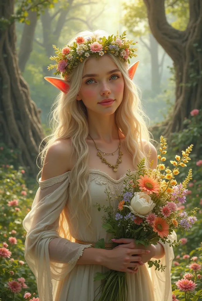 An elf girl with golden long hair against the background of a spring forest with a bouquet in her hands and a floral wreath on her head