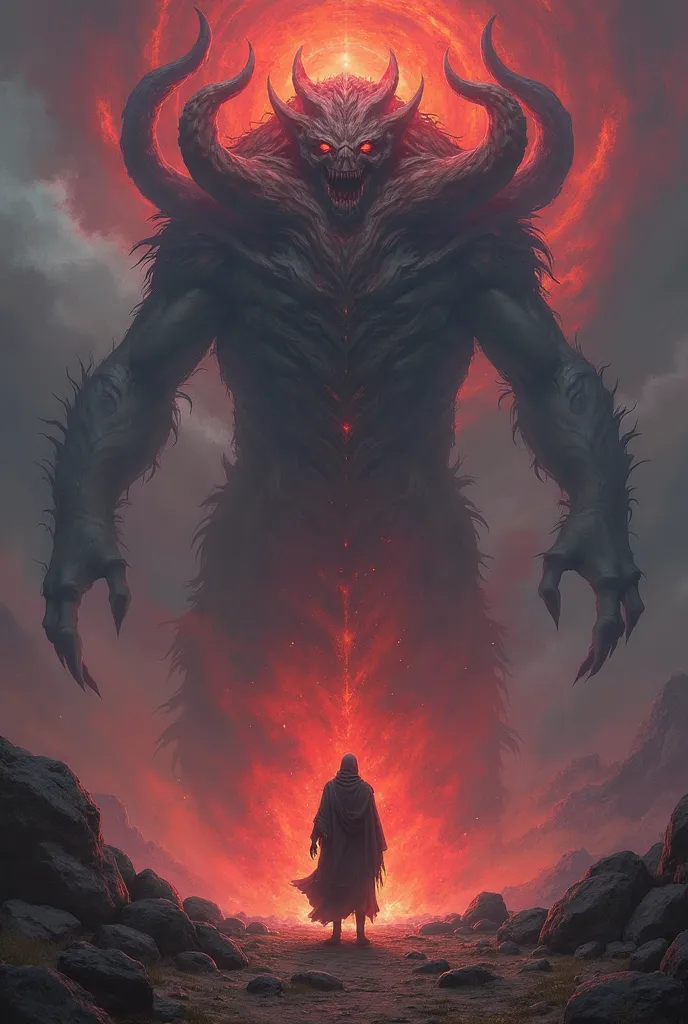 a painting of a person standing in front of a giant monster, concept art by Noah Bradley, Artstation contest winner, fantasy art, eldritch god, eldritch being, summoning an eldritch god, an ominous fantasy illustration, an eldritch entity, demon soul conce...