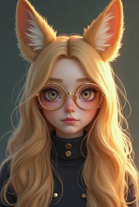 Create a girl with long blond hair wearing fox ears but discreet with bright but discreet gold glasses slightly round cheeks beautiful wearing a high black collar but I want the photo only from the trunk up