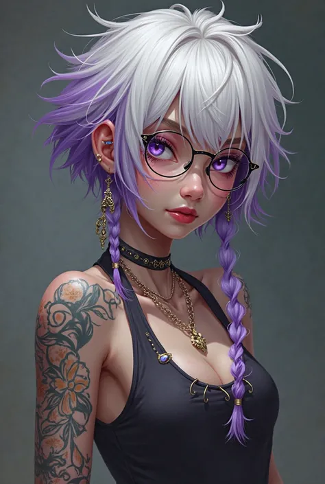 a scar on the right cheek, Not too muscular with short hair, not too muscular with mid-court hair {x} the white hair with purple locks {x} the white hair with purple locks, the arms full of tattoos, un piercing à l\The left arch, un piercing qui va de l\th...