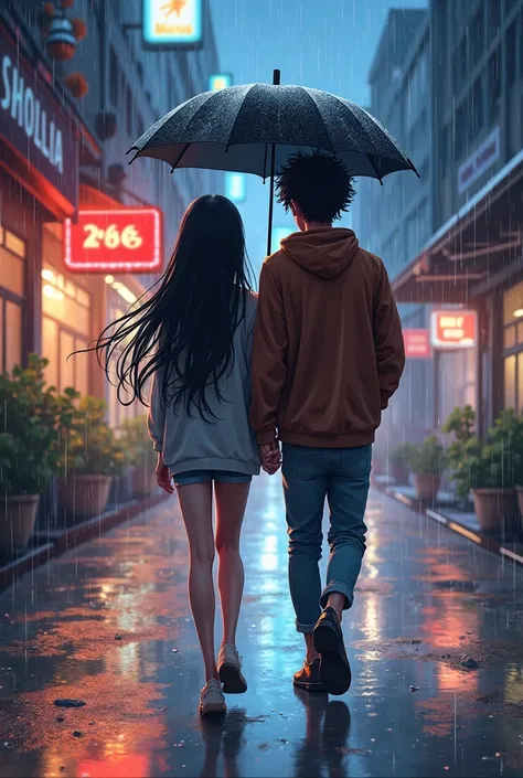 an anime drawing of an 18-year-old girl with long black hair and a 25-year-old boy with curly brown skin with an umbrella walking in the rain 