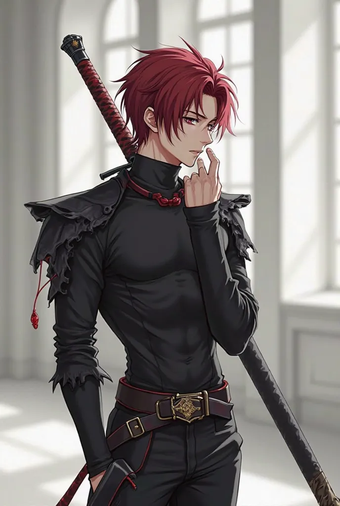 Create a Manhwa picture of a man with dark red hair and black eyes wearing a tight black shirt covering his neck and black pants and standing in a large white room with a black and red sword in his hand and looking luxurious and handsome trying to catch hi...