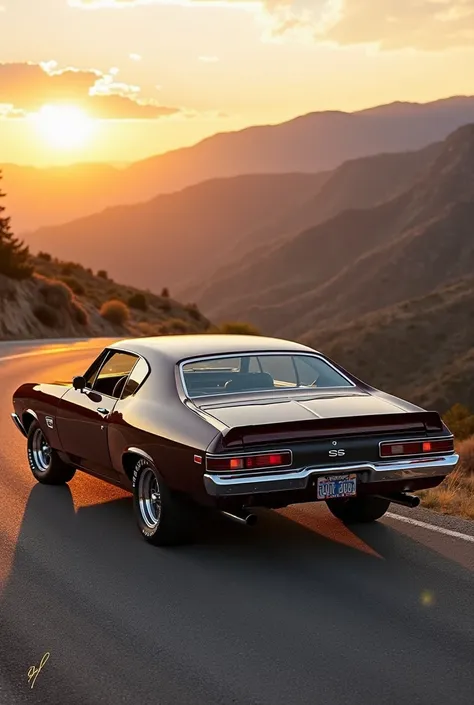 A beautifully restored classic muscle car parked on a scenic mountain road at sunset. The car has a sleek, polished body with chrome details, deep metallic paint, and vintage racing stripes. It features wide tires, an aggressive stance, and a roaring V8 en...