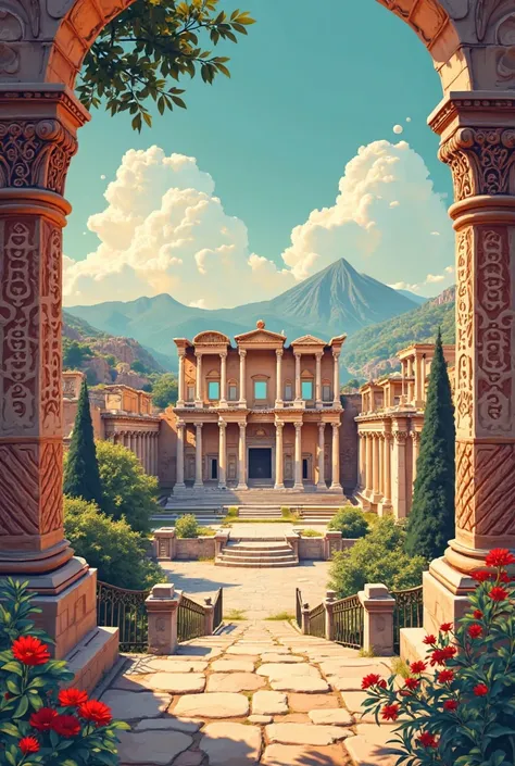 A colorful promotional poster with national motifs in the foreground that introduces the ancient city of Ephesus