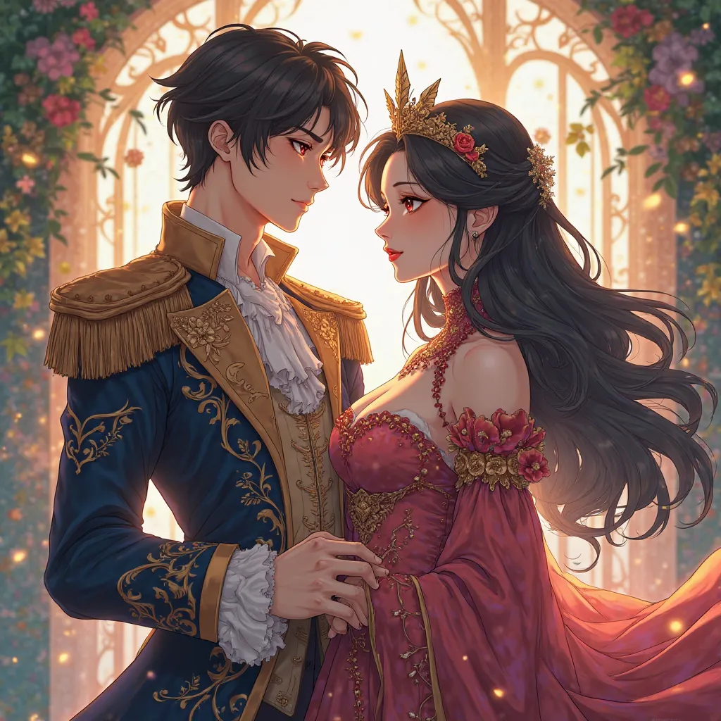 High quality anime style couple. He's 23 and she's 19, both with black hair and red eyes dressed as a prince and princess.