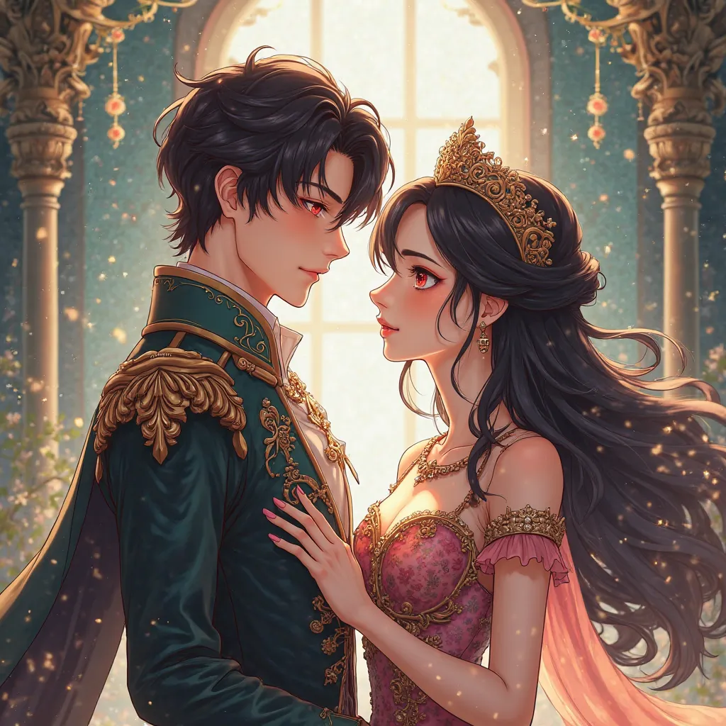 High quality anime style couple. He's 23 and she's 19, both with black hair and red eyes dressed as a prince and princess.