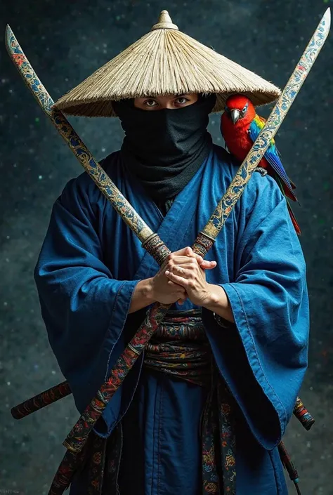 A mystical warrior wielding two intricately decorated katanas, wearing a flowing blue robe. A beautiful, colorful bird perches on his shoulder. His face is hidden beneath a wide straw kasa hat and a dark scarf, leaving only his eyes visible, adding to his ...