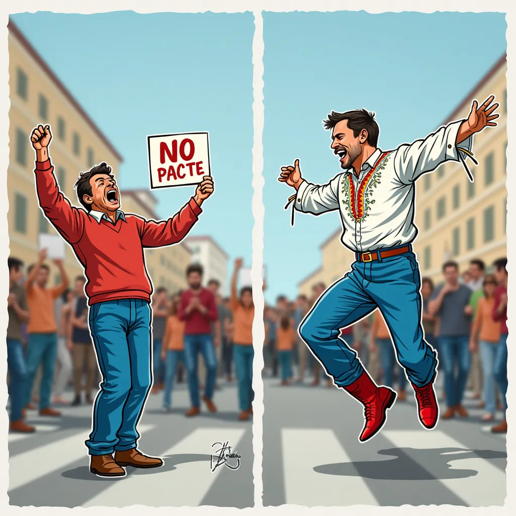 cartoon style; dual screen; left: man shouting in the street during a demonstration, he is holding a sign "NO PACTE"; right: man dressed as a Ukrainian dancer (white embroidered shirt, blue baggy pants and red boots) jumping in the air, one leg is outstret...