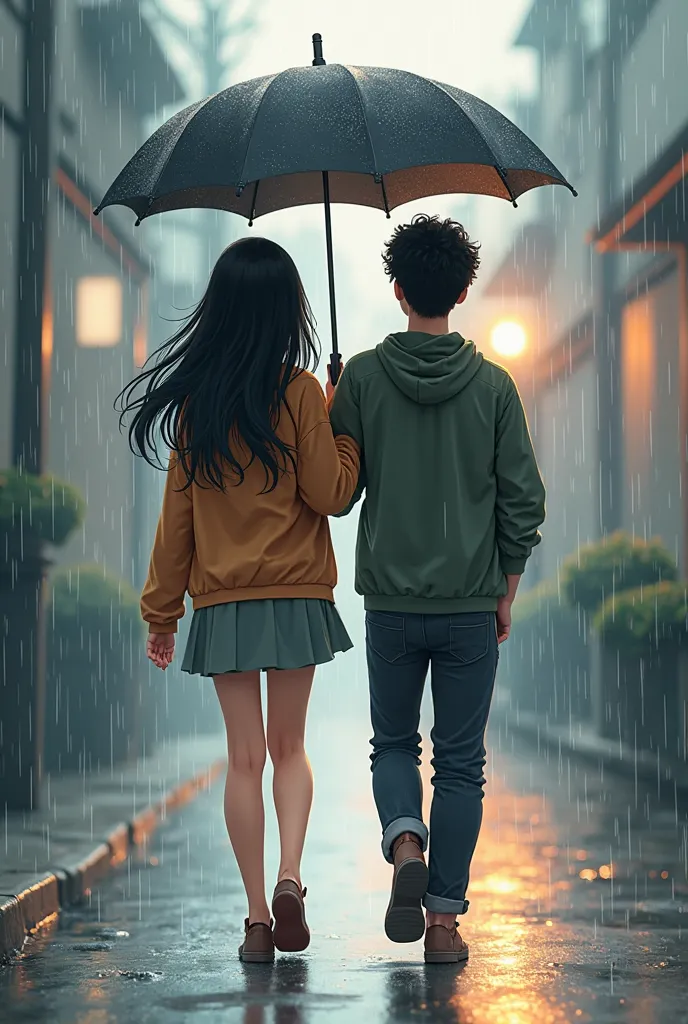 an anime drawing of an 18-year-old girl with long black hair and a 25-year-old boy with curly hair, that they both have a brown skin color with an umbrella walking in the rain 