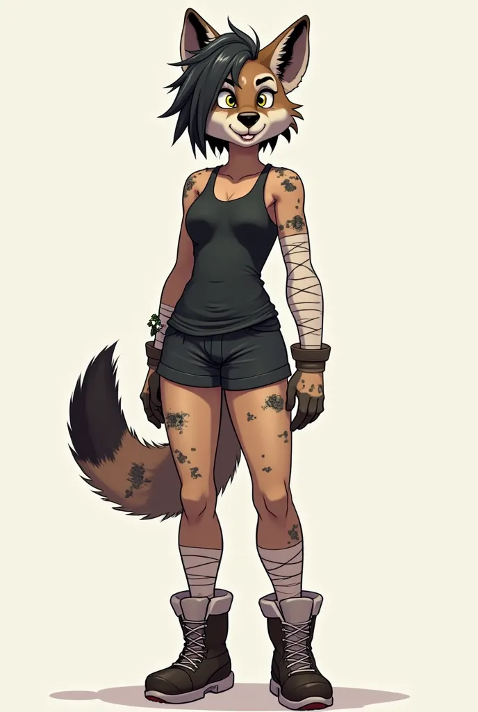 I want a female character, 22 years old, it is an anthropomorphic hyena of a realistic cartoon artistic style, has bandages, booties,  broken socks,  tight black shorts, wearing a black tank top , She has short and disheveled dark hair, speckled fur like t...