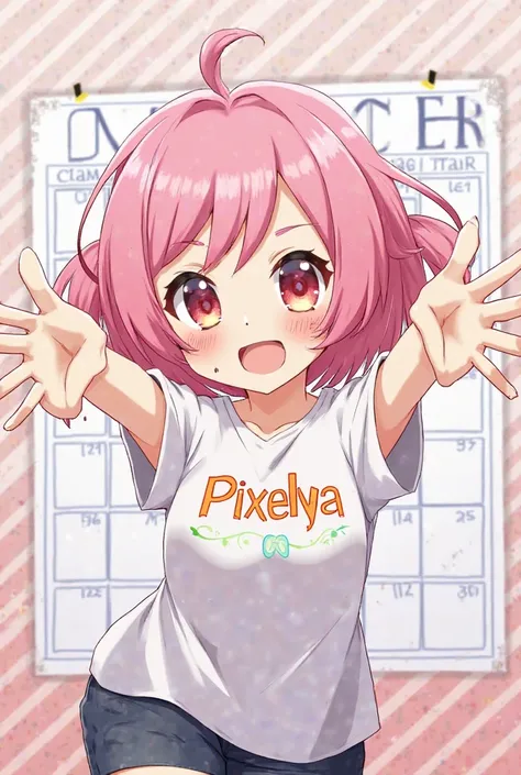 Happy pink haired anya forger from spy x family wearing a shirt with "Pixelya" welcoming the month of march in the calendar
