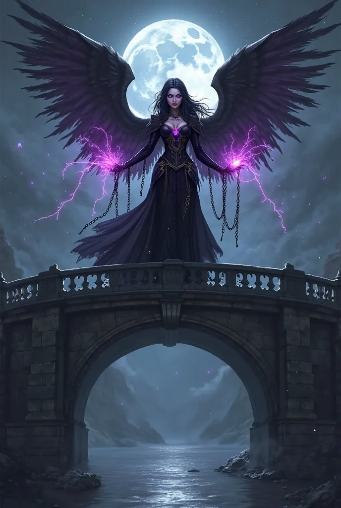 "Create a dark and mysterious illustration of Morgana, a maga sombria de League of Legends, atop an ancient and imposing bridge,  on a full moon night . Morgana is in a powerful and majestic pose, with its black and broken wings extended behind you, emanat...