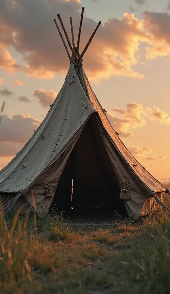 An old tent made of leather and wood on a grassy field.  The entrance is open , revealing a dark environment inside. The sky has orange tons, Diminishing the late afternoon.