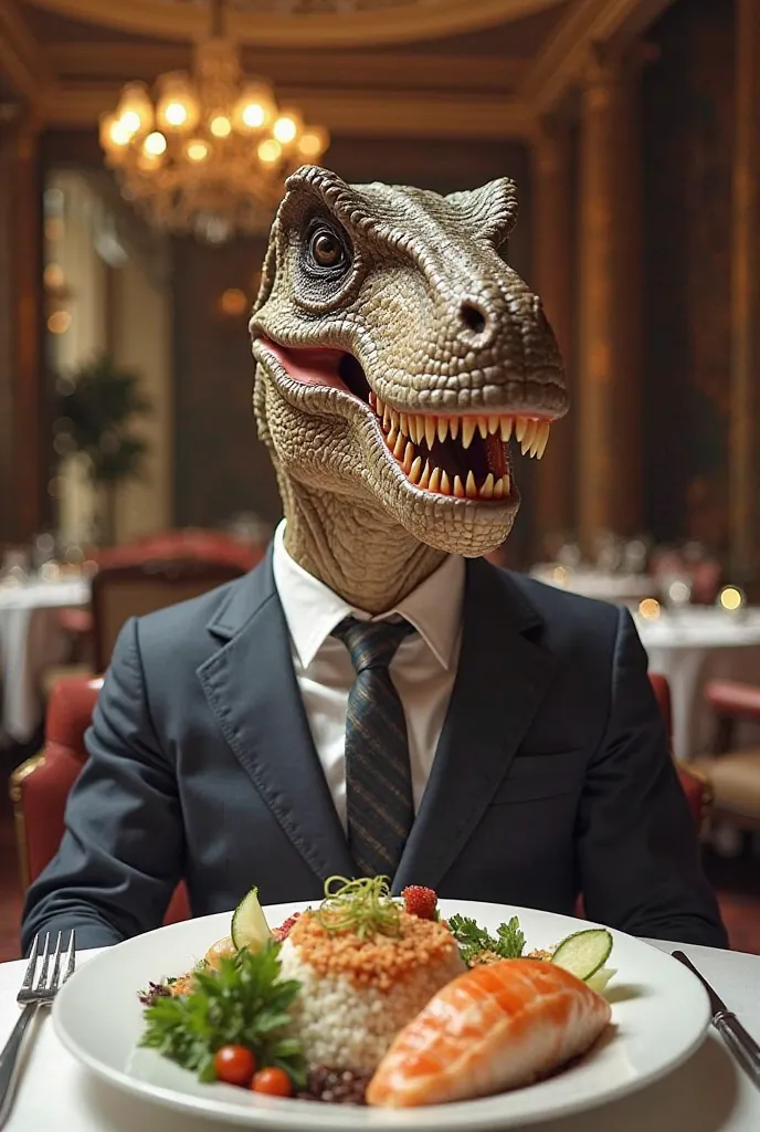 no i mean make the t rex that is eating the fish and rice with vegetables at a luxury restaurant wear a suit, make it look like a meme