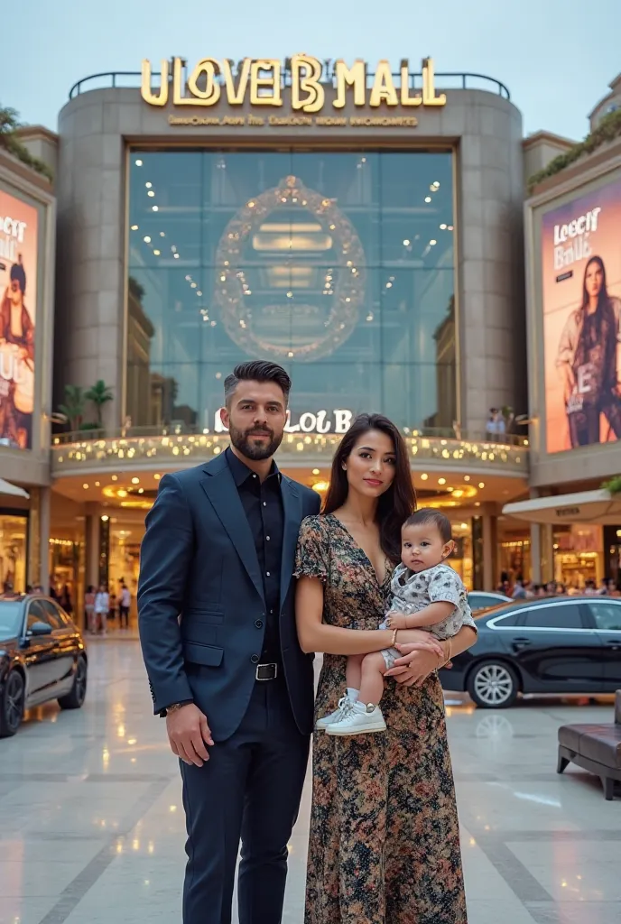 "A massive, ultra-luxurious shopping mall named 'ULoveB Mall', clearly visible with its name in huge, elegant golden letters on the front of the building. The mall is gigantic, featuring multiple floors, sleek glass architecture, modern lighting, and a gra...