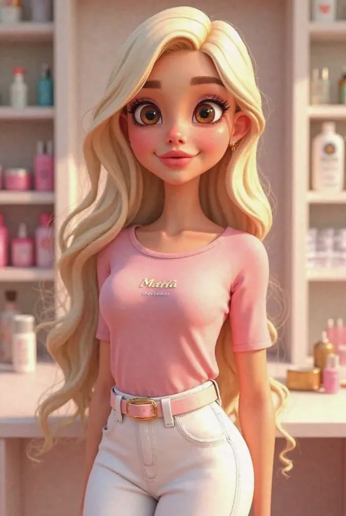 A Disney Pixar style with long wavy light colored hair, light brown eyes, wearing a light pink blouse with the inscription "Maria PLR"WHITE pants with a light pink belt, white scarpin at a beauty product office