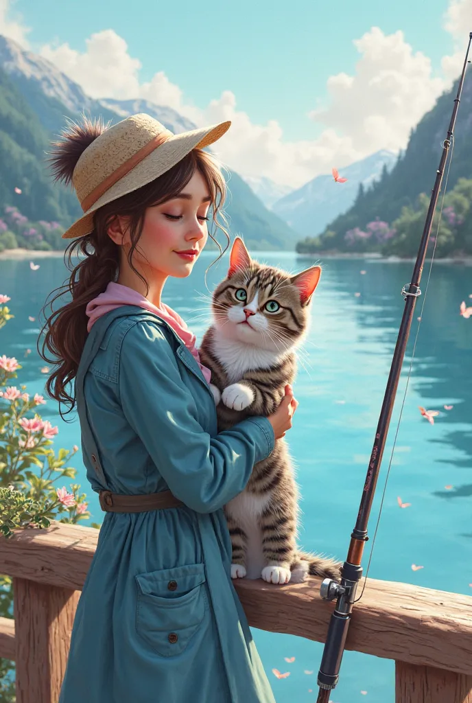 Create a picture of birthday greetings to your beloved girl from a girl. With a small caption at the bottom in English "for Ali from Bubu". She loves fishing, the sea, the mountains and our mainkun cat in blue silver ticked tabby