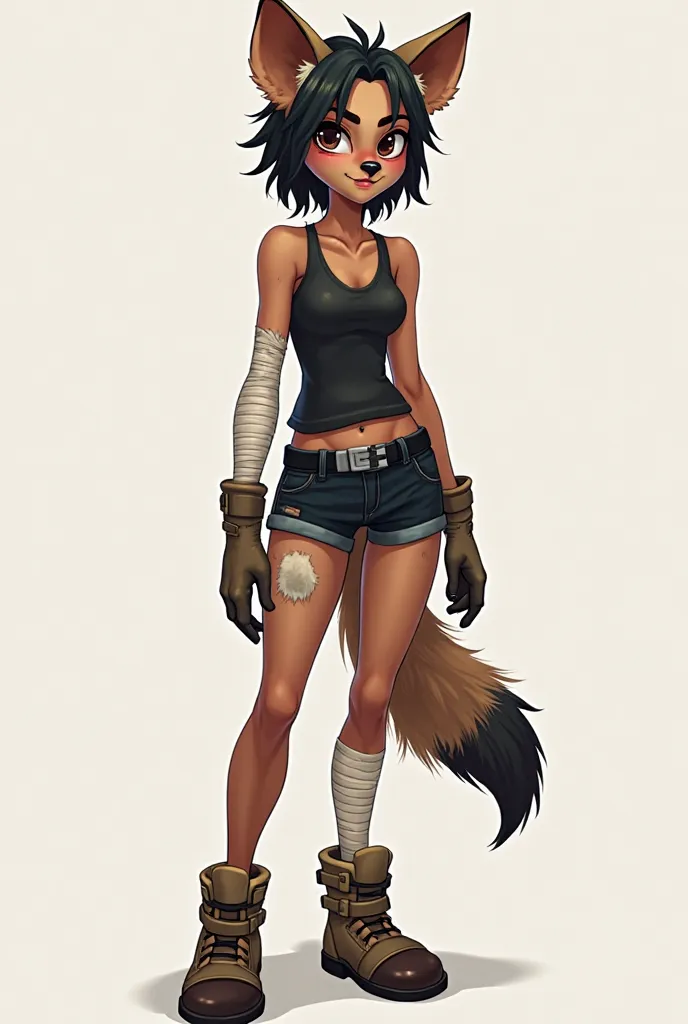 I want a female character, 22 years old, it is an anthropomorphic hyena of a realistic cartoon artistic style, has bandages, booties,  broken socks,  tight black shorts, wearing a black tank top , She has short and disheveled dark hair, speckled fur like t...