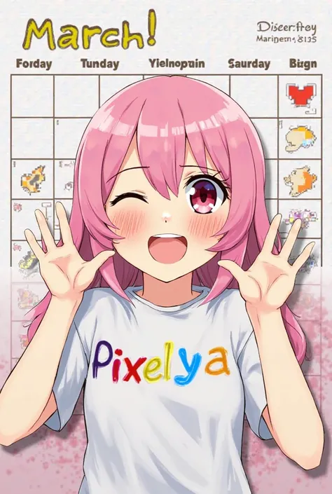 Happy pink haired anya forger from spy x family wearing a shirt with "Pixelya" welcoming the month of march in the calendar
