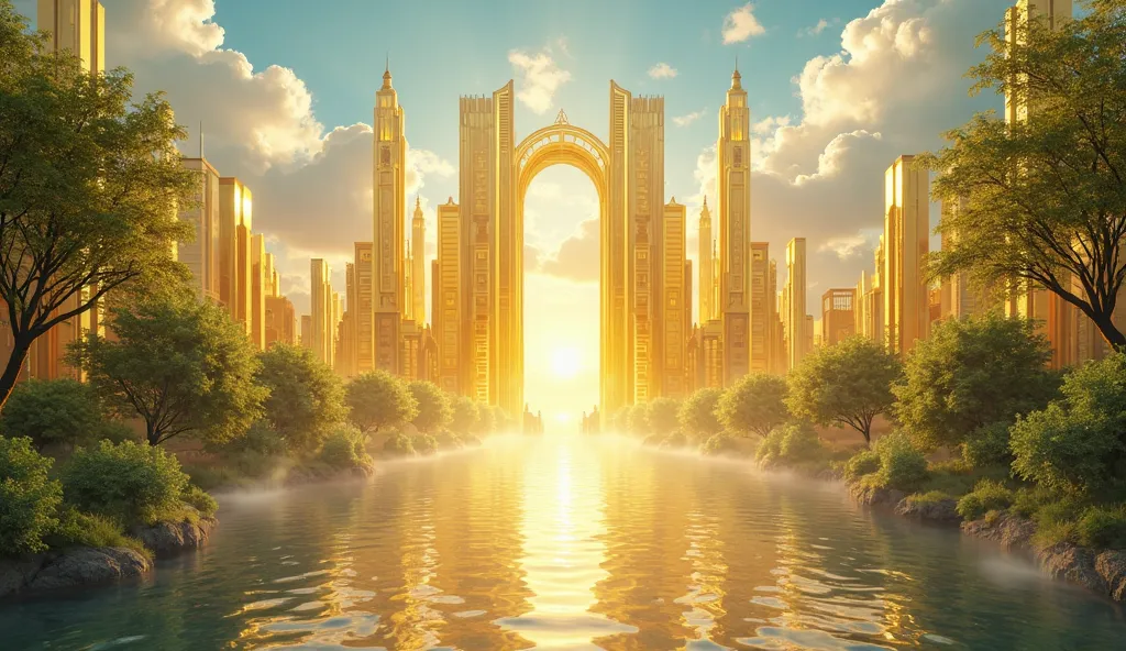 A city of pure gold, with clear blue skies with clouds, with green trees on the left and right, and in the middle, a golden support 