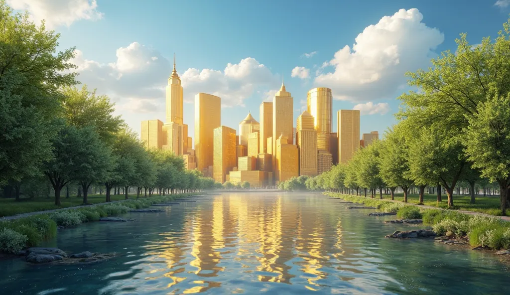 A city of pure gold, with clear blue skies with clouds, with green trees on the left and right, and in the middle, a golden support 