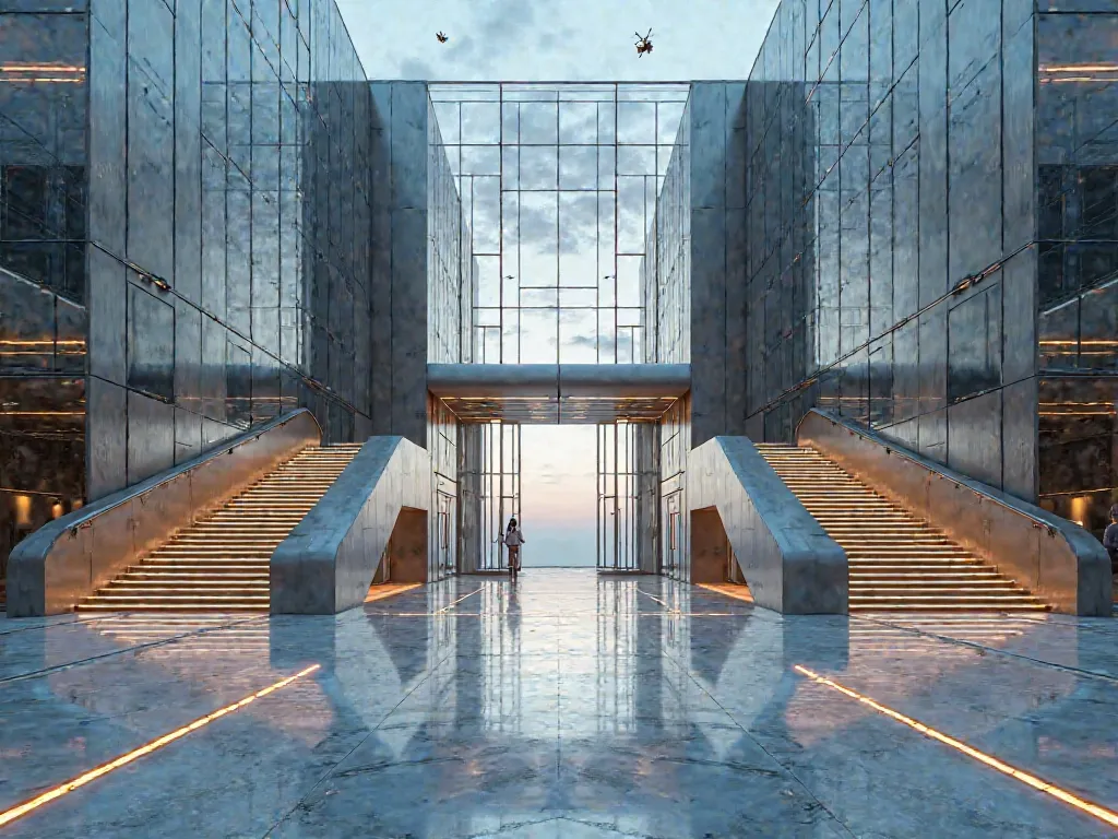 The building's facade follows the same futuristic and imposing design as its interior. Its structure is made of metallic materials and reinforced glass panels that reflect the ambient light.

At the entrance, a grand staircase extends up to a set of automa...