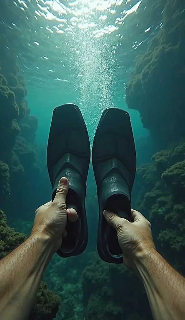 An ultra-realistic point-of-view (POV) image capturing the first-person perspective of a man putting on his diving fins. The view is as if it were a video game in first-person view. The character's hands and part of the body are visible, creating a sense o...