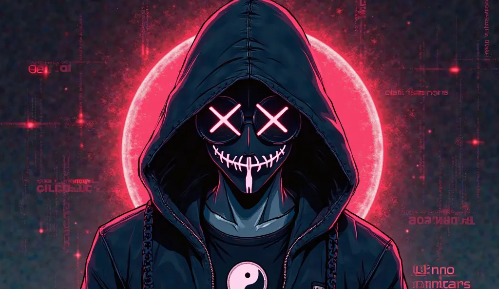 Anime logo of a hacker wearing a vengeance mask by the anonymous person wearing a hoodie with the image of Ying Yang on the chest of the blouse with and on the background written Johnn O Brabo