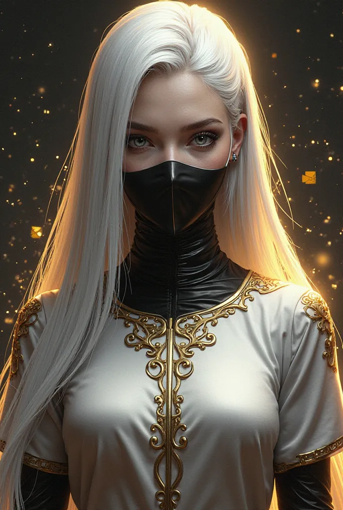 Game Free Fire female character with long straight white hair and black mask with eyes and white and gold t-shirt with black and gold background 