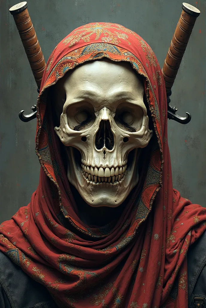 Create an image of a super real skull with a headscarf and 2 background weapons behind the skull 