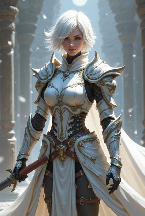  woman with white hair , which are quite short. Has silver eyes. Wears white armor and has a two-handed sword in his hand.