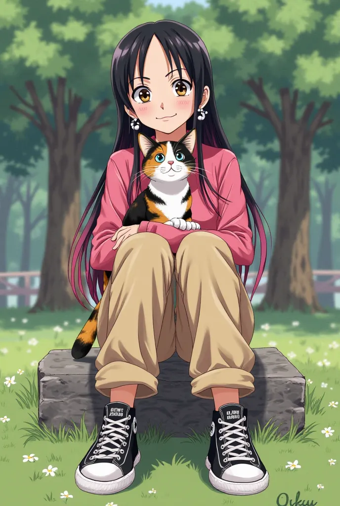 One piece manga style, girl with backlength hair in pink and black gradient, with nose piercing, with white pearl bead earrings, with long straight beige pants and pink blouse, Converse sneakers boot black, hugging a calico cat, in a park MANGA ONE PIECE S...