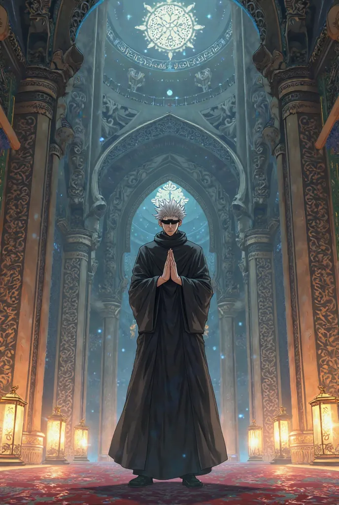 gojo satoru from jujutsu kaisen praying in the mosque in ramdan 