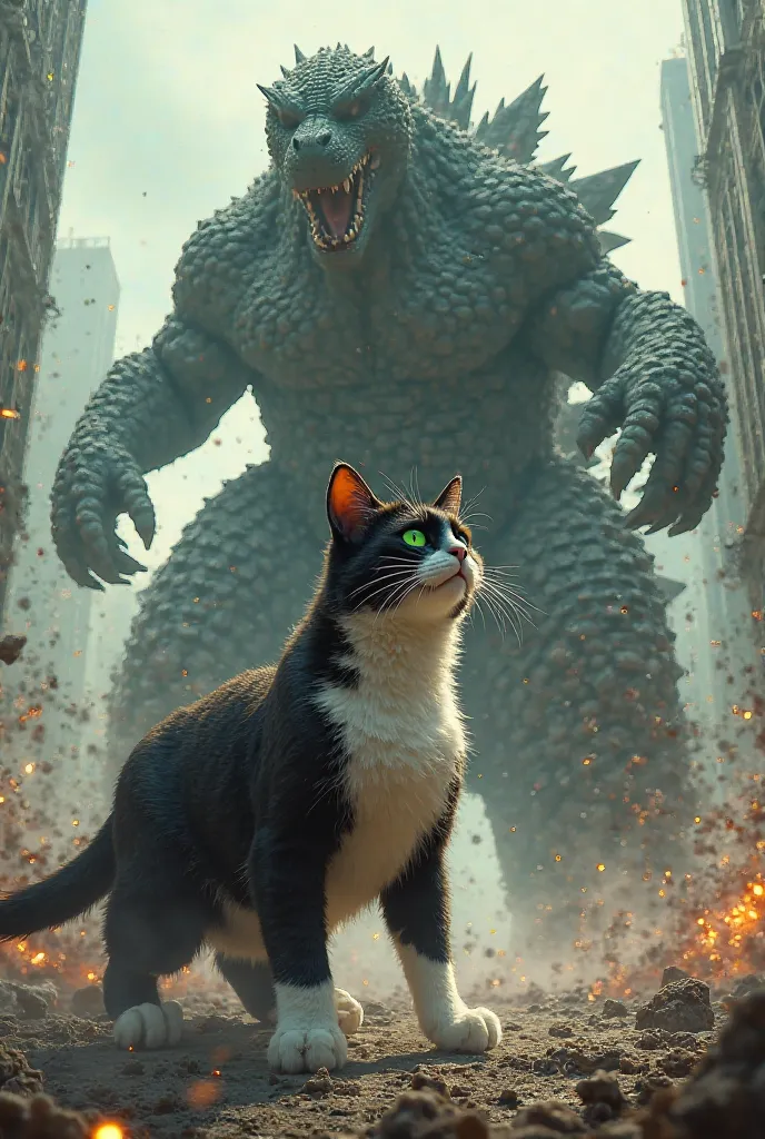 Huge green-eyed tuxedo cat, gordo, fighting Godzilla