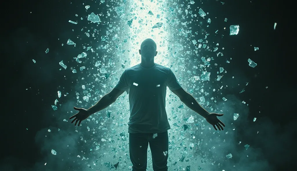 A powerful cinematic shot of a man breaking free from an invisible cage, glowing shards of glass flying around him. The background is dark, but a bright light shines from above, symbolizing enlightenment.