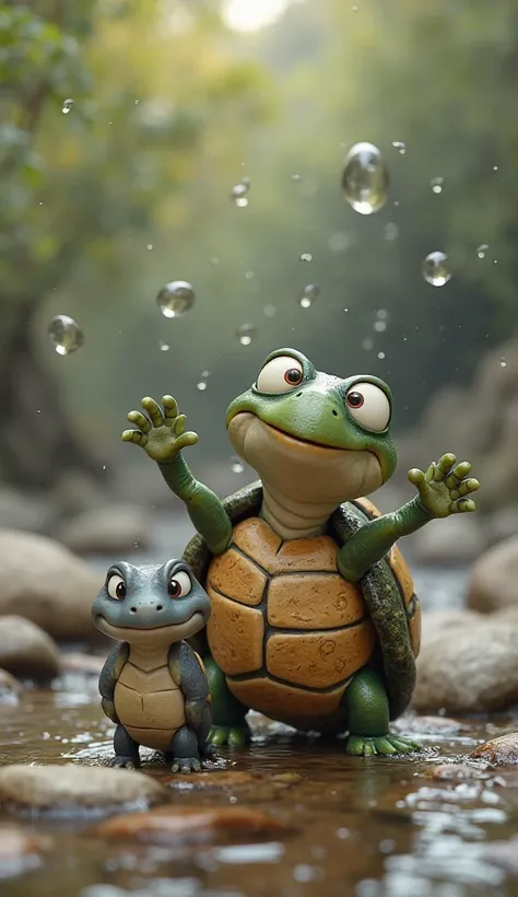 Cute turtle, cartoon 3D, arms raised, cheerful eyes, looking at viewer, standing with a cute salamander, made of river stones, rocky stream background, water droplets falling, 4k, detailed texture, natural.