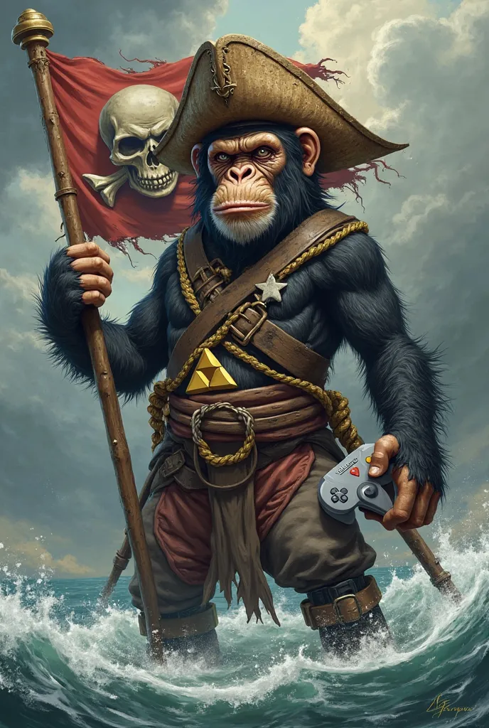 Pirate chimpanzee skull flag with straw hat, with a Nintendo 64 controller and an Xbox controller, A Pokeball and Zelda's Triforce symbol