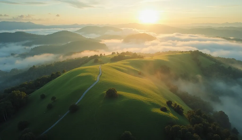 {
  "prompt": "An ultra-realistic aerial view of rolling green hills emerging through a vast sea of morning mist. The golden rays of the rising sun cast a soft glow over the landscape, highlighting the gentle curves of the terrain. Pockets of dense forest ...