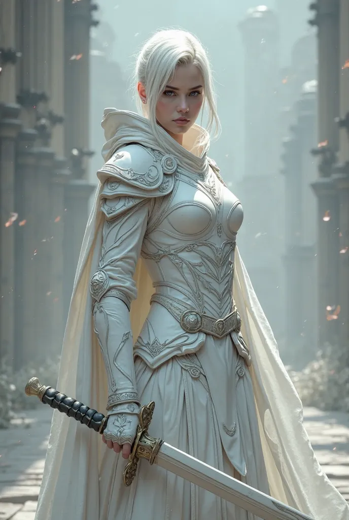  woman with white hair , which are quite short. hat with silver eyes. Wears white armor and holds a two-handed sword.