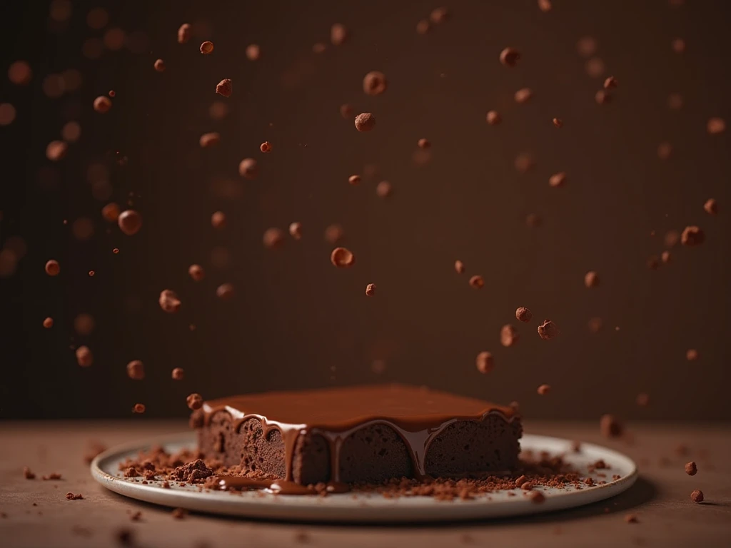 Chocolate Cinematic Frame, pastel de chocolate,  dark background,  quality photo, wet texture, glazed,  studio photo, slice, shallow depth of field, vignette, very detailed,  high budget, bokeh,  cinemascope,  melancholic cartoon, epic, granulate, film gra...