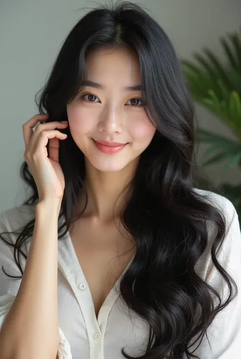 The young Korean woman appears in the scene smiling, and her healthy and thick hair shines in the light in a wonderful way. She passes her hand gently over her hair, while moving flexibly and smoothly with each movement. . Her long black tresses are natura...