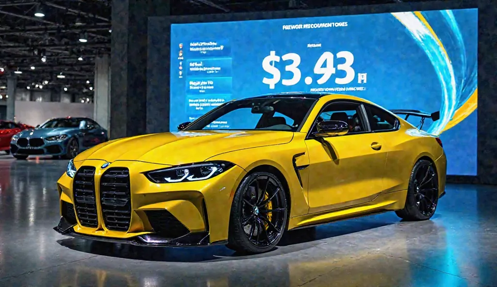 "A stunning 2025 BMW M4 Competition in bright yellow, showcased inside a luxury car showroom with blue and yellow accent lighting. The car is positioned in front of a massive digital display showing its track performance and acceleration stats."
