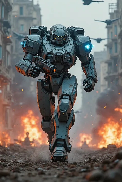 A massive, heavily-armored tactical EPIC war mecha RUNNING in the middle of a battlefield. The mecha is equipped with advanced weaponry, including a shoulder-mounted missile launcher, a powerful railgun, and glowing energy shields. Its design is futuristic...