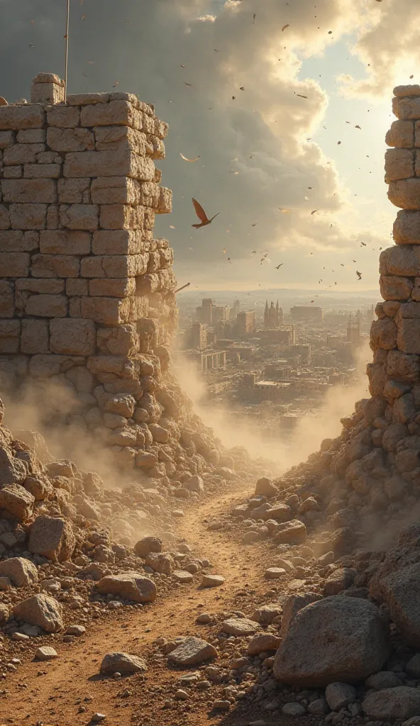 Create a realistic scene depicting the destruction of the walls of Jericho, as described in the Bible. The image should show large, crumbling stone walls falling apart with debris scattered on the ground. Dust and smoke should fill the air, giving the scen...