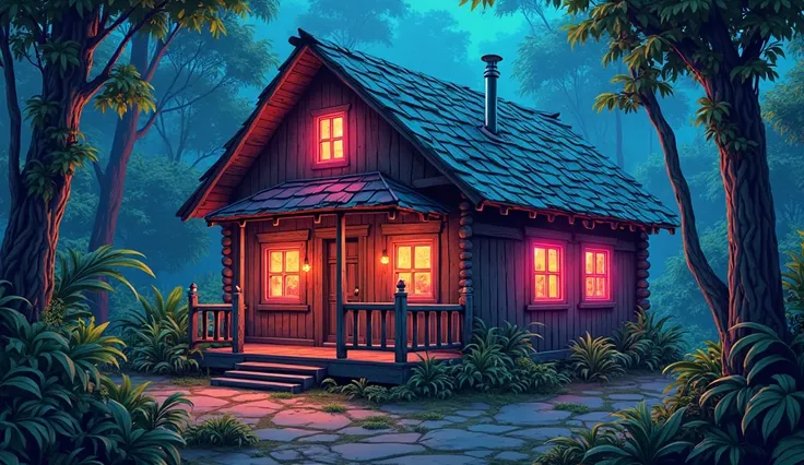  create an anime-style image using neon shades , of a rustic landscape, of a cabin in the middle of a rainforest.